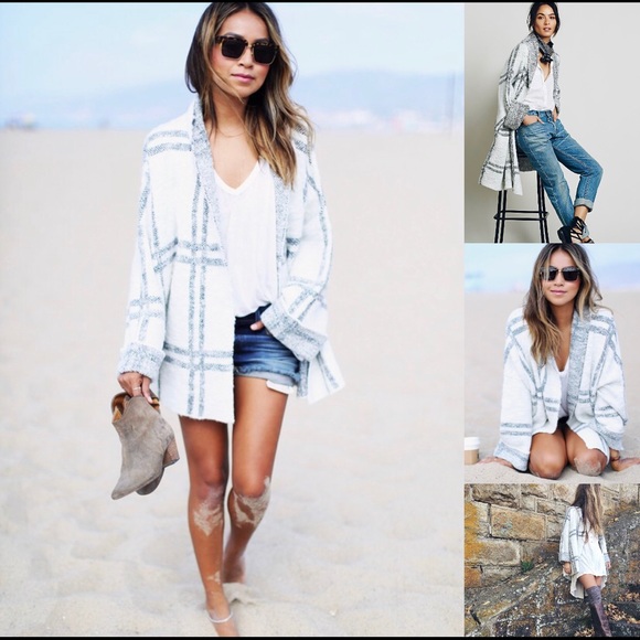 Free People Jackets & Blazers - Free People Oversized Plaid White & Blue Cardigan